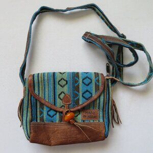 Blue Tribal Multicolor Cotton Leather Crossbody Purse Bag Handmade in Nepal